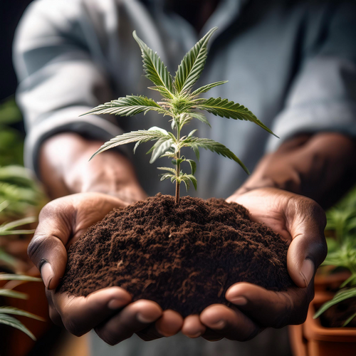 Mann hält Cannabis-Erde mit Steckling in der Hand